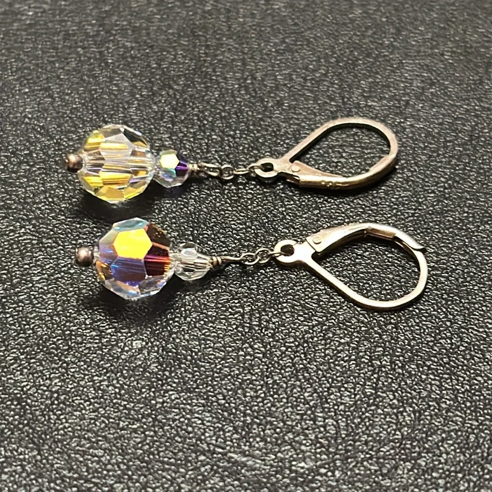 925 Silver Wire Hook Lever Back AB Clear Crystal Dangle Vintage Earrings